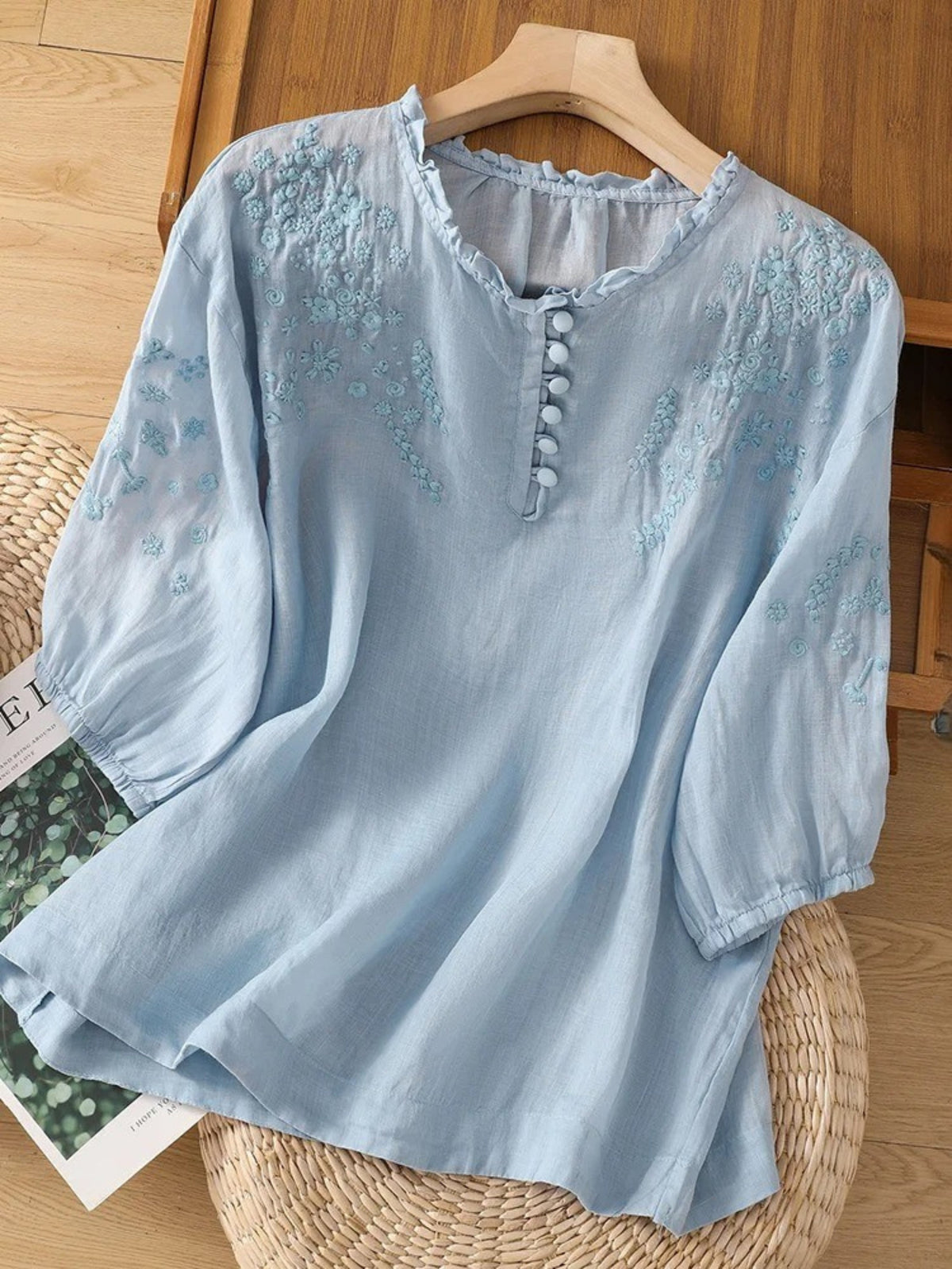 Kissina | Blusa de Algodón y Lino Bordada